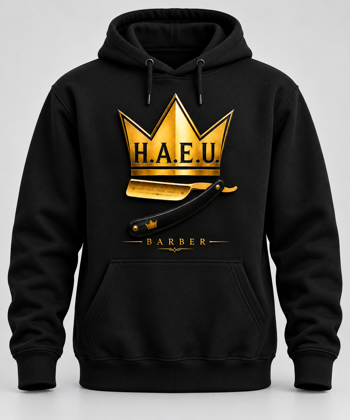 Black hoodie with gold H.A.E.U. Barber logo on the front
