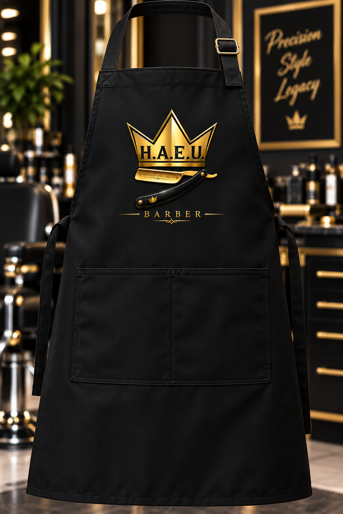 Black H.A.E.U. Barber apron with gold crown and barber logo
