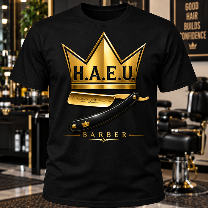 Black H.A.E.U. Barber T-shirt with gold crown and barber logo