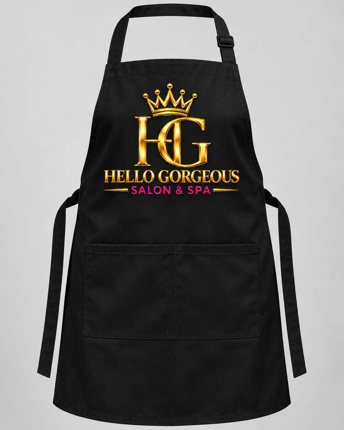 Hello Gorgeous Salon & Spa logo on black apron