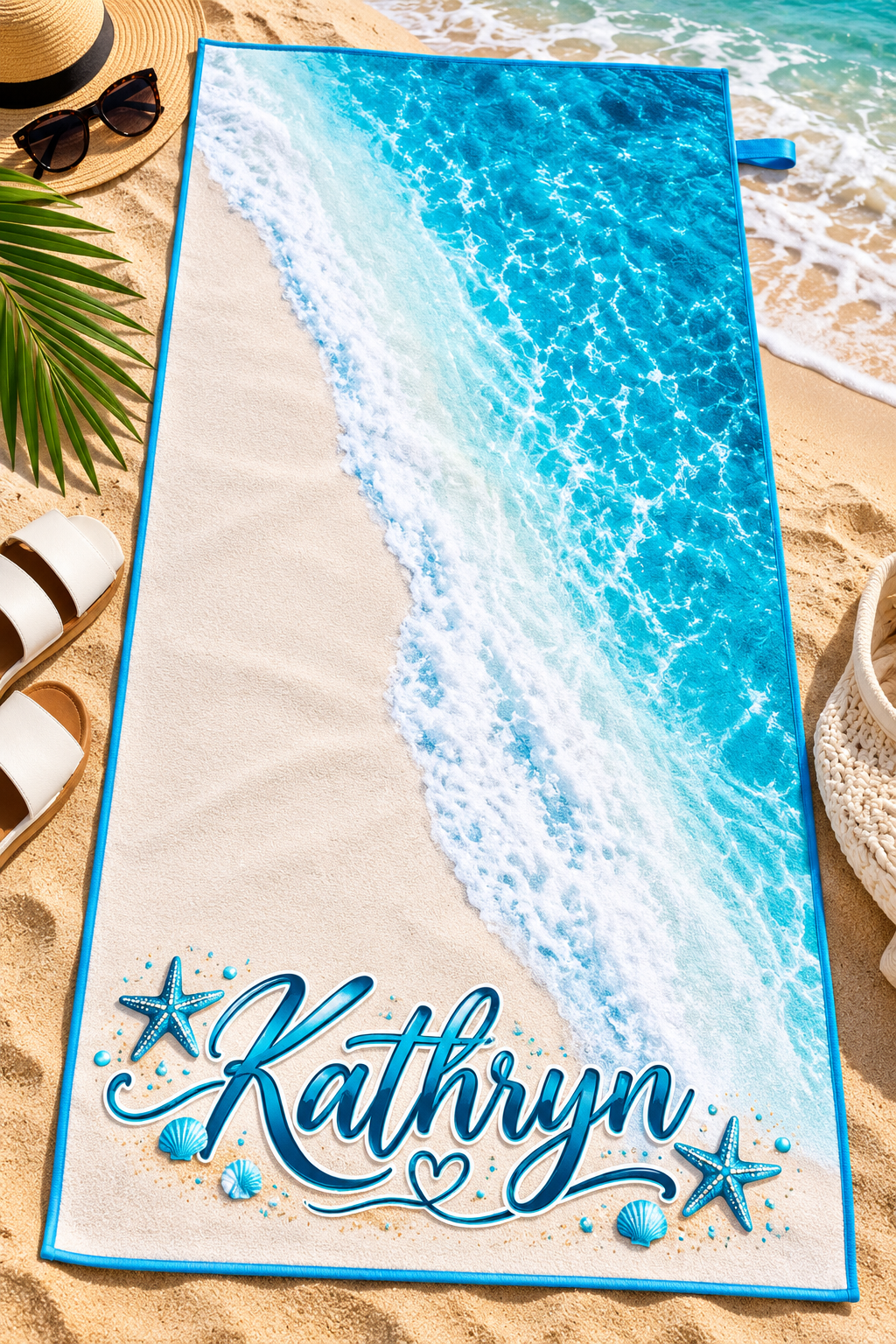 Personalized ocean beach towel mockup with the name Kathryn