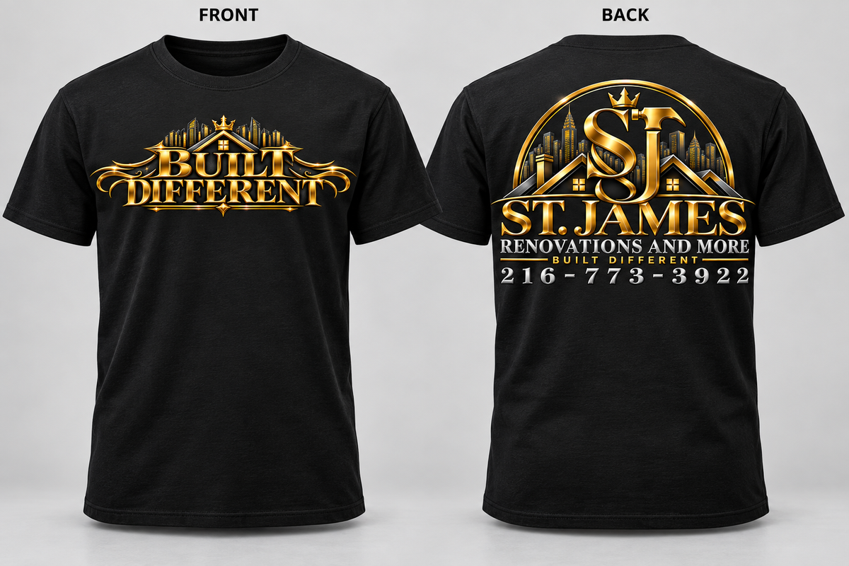 Black T-shirt front and back with Built Different on the front and St. James on the back