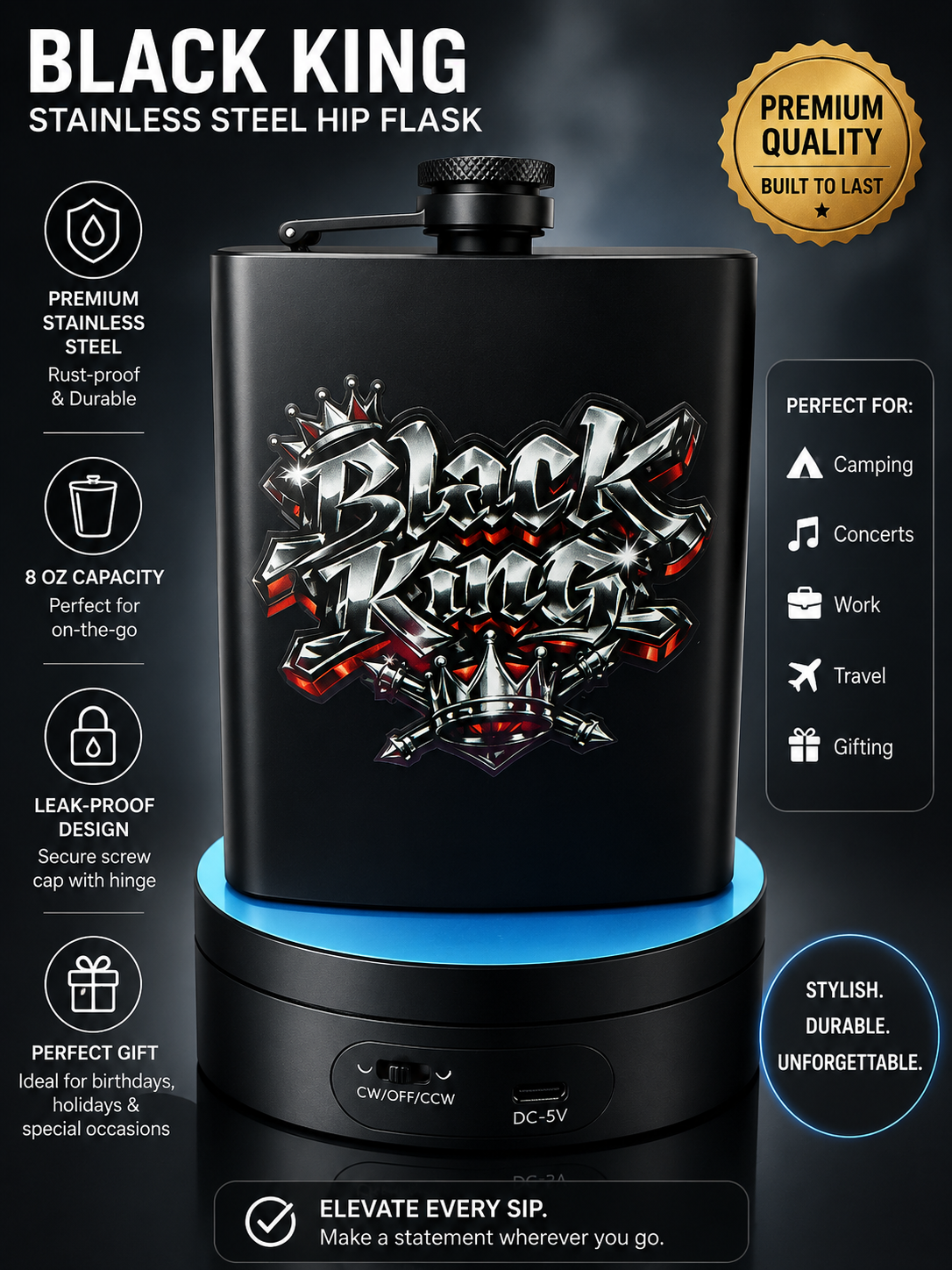 Black King 8 oz stainless steel flask