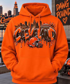 Cleveland DTF design on orange hoodie