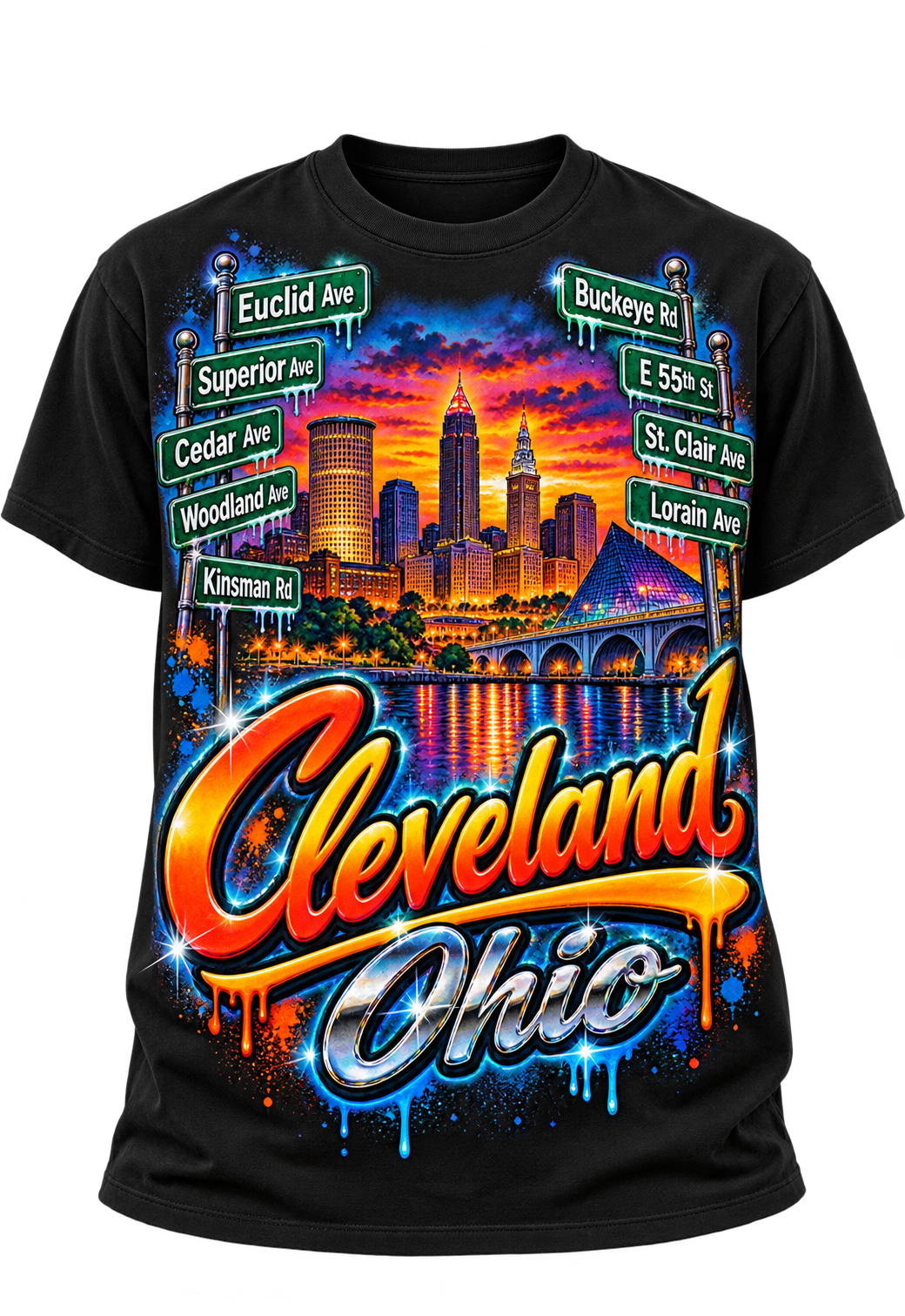 Black Cleveland Ohio pride T-shirt with city skyline and Cleveland street signs
