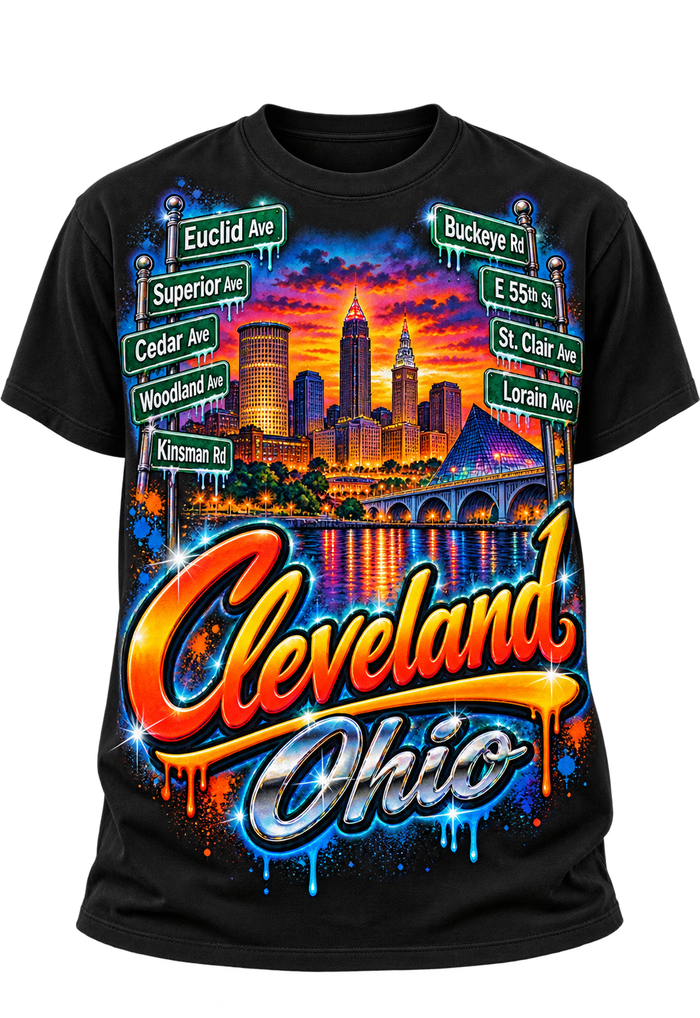 Black Cleveland Ohio pride T-shirt with city skyline and Cleveland street signs