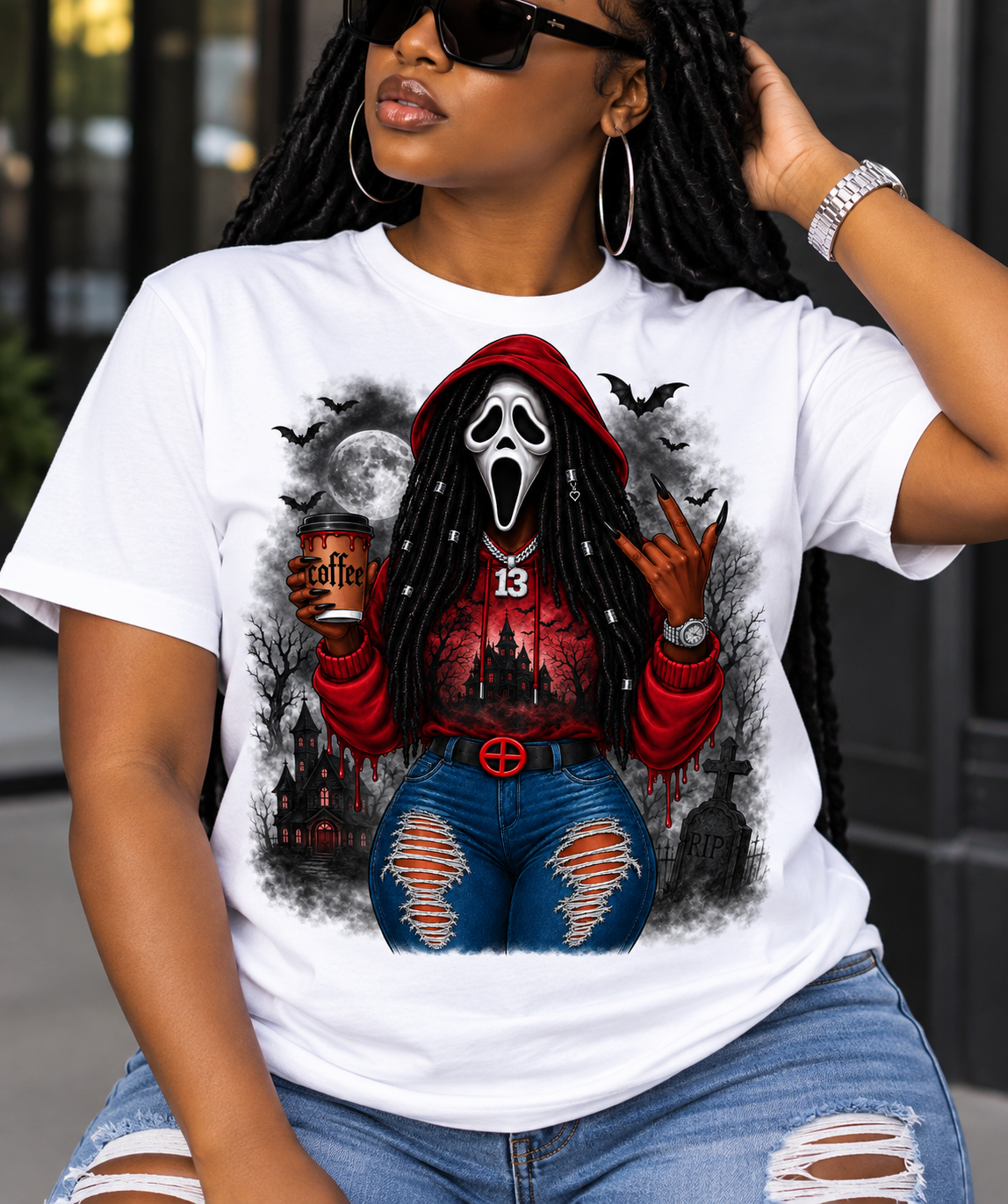 Coffee Hits Different horror design on red hoodie