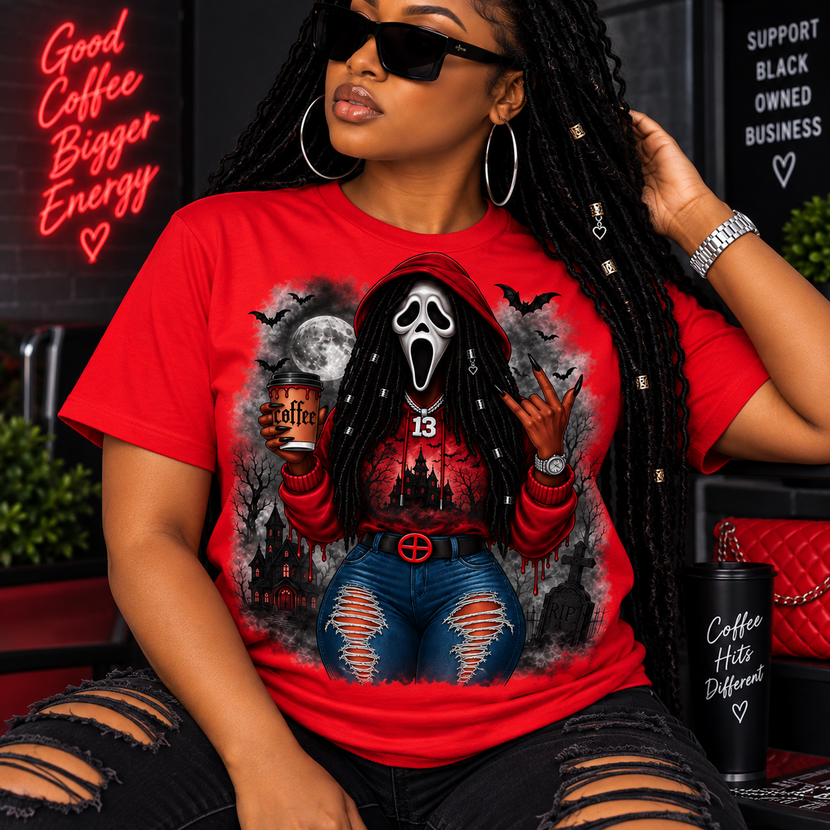 Coffee Hits Different horror design on red short sleeve shirt