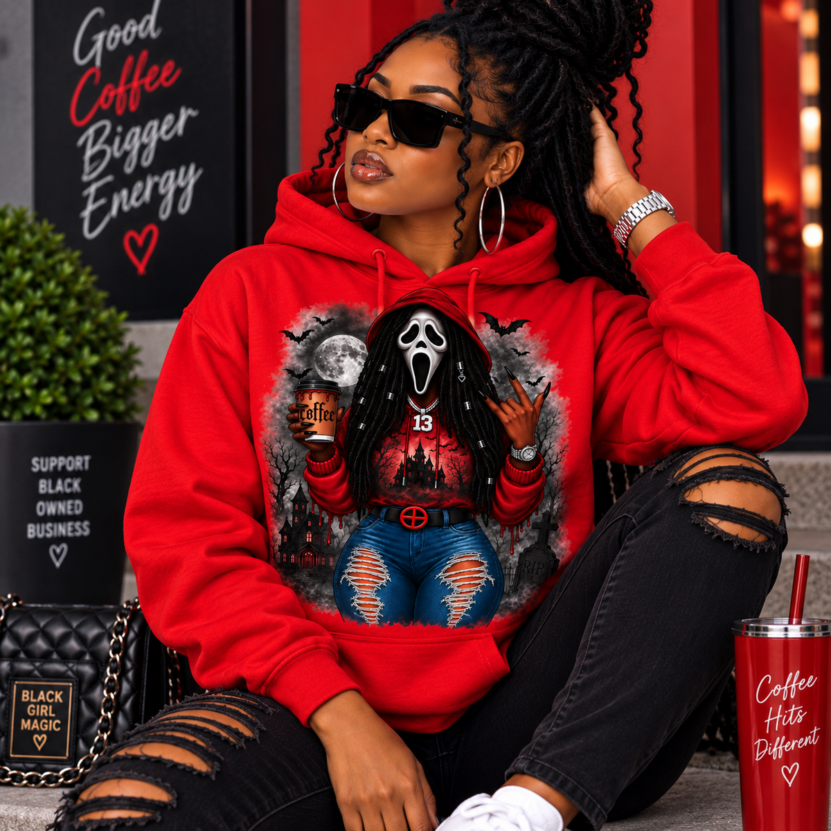 Coffee Hits Different horror design on white hoodie lifestyle mockup