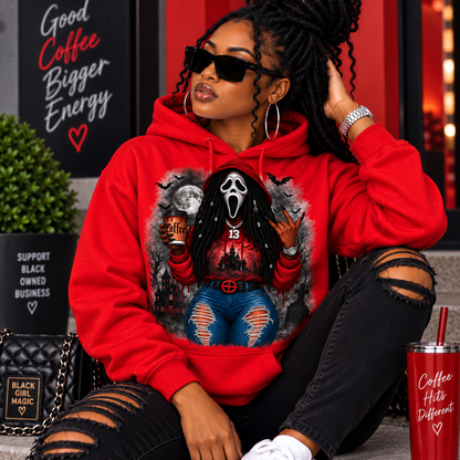 Coffee Hits Different horror design on white hoodie lifestyle mockup