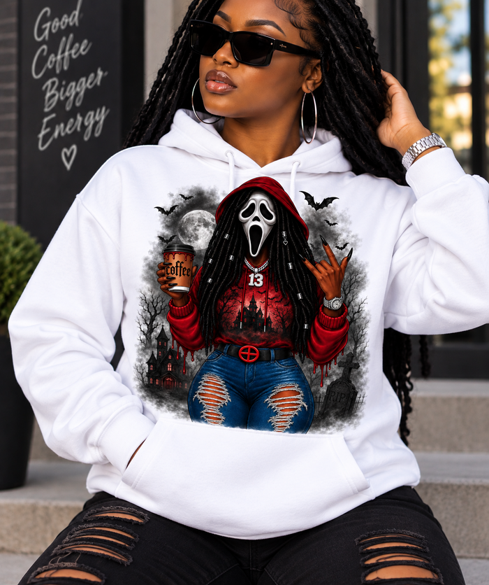 Coffee Hits Different horror design on white hoodie
