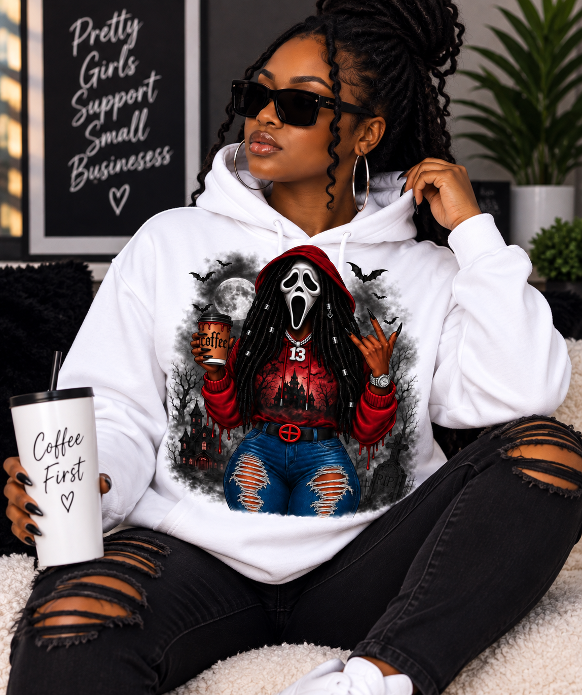 Coffee Hits Different horror design on white short sleeve shirt