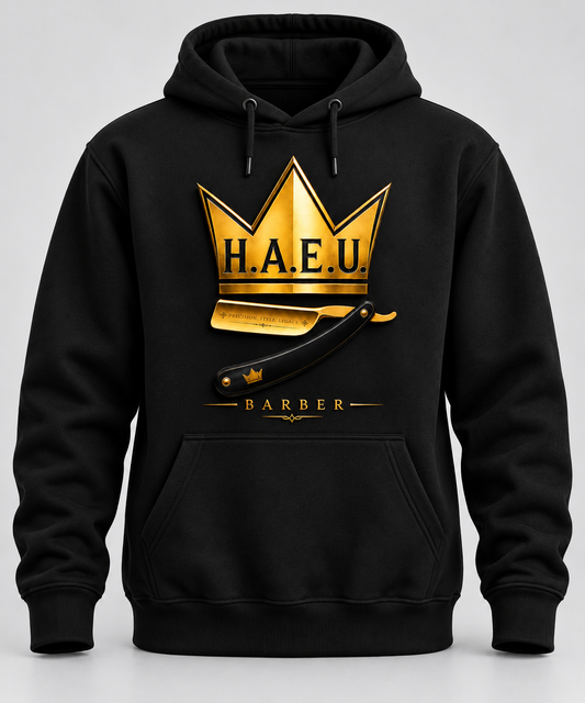Black hoodie with gold H.A.E.U. Barber logo on the front