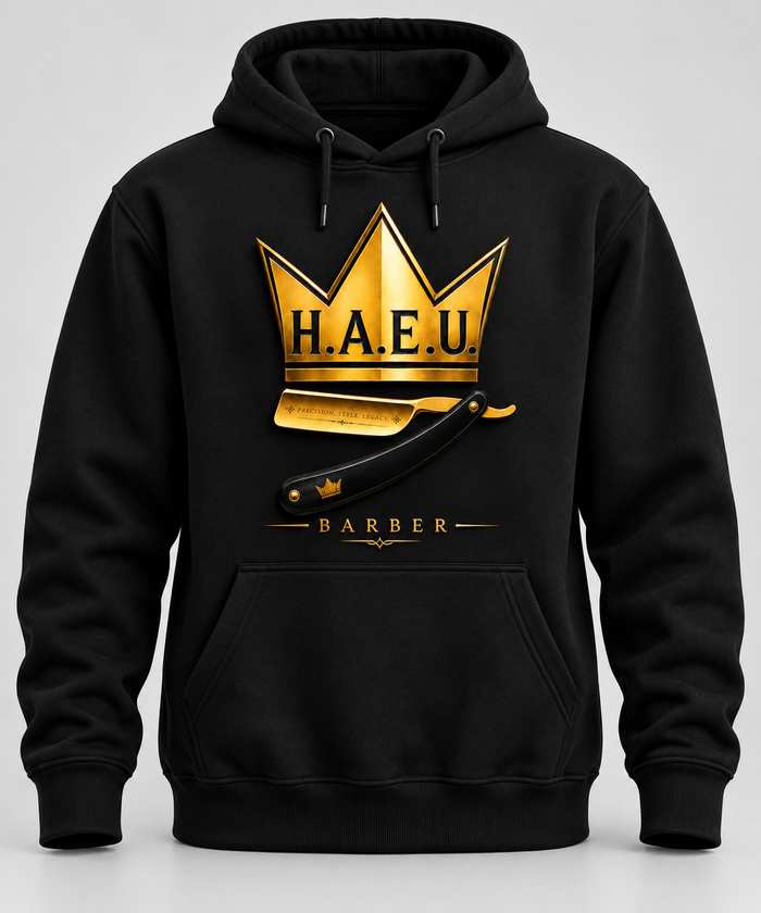 Black hoodie with gold H.A.E.U. Barber logo on the front
