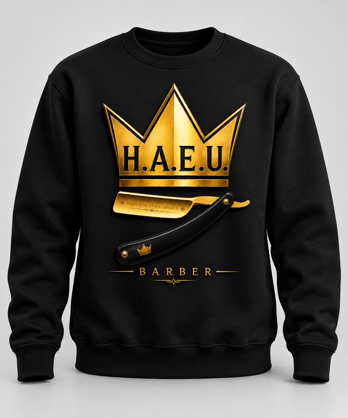 Black sweatshirt with gold H.A.E.U. Barber logo on the front