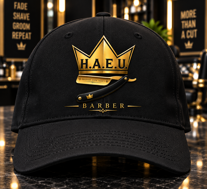 Black H.A.E.U. Barber cap with gold logo
