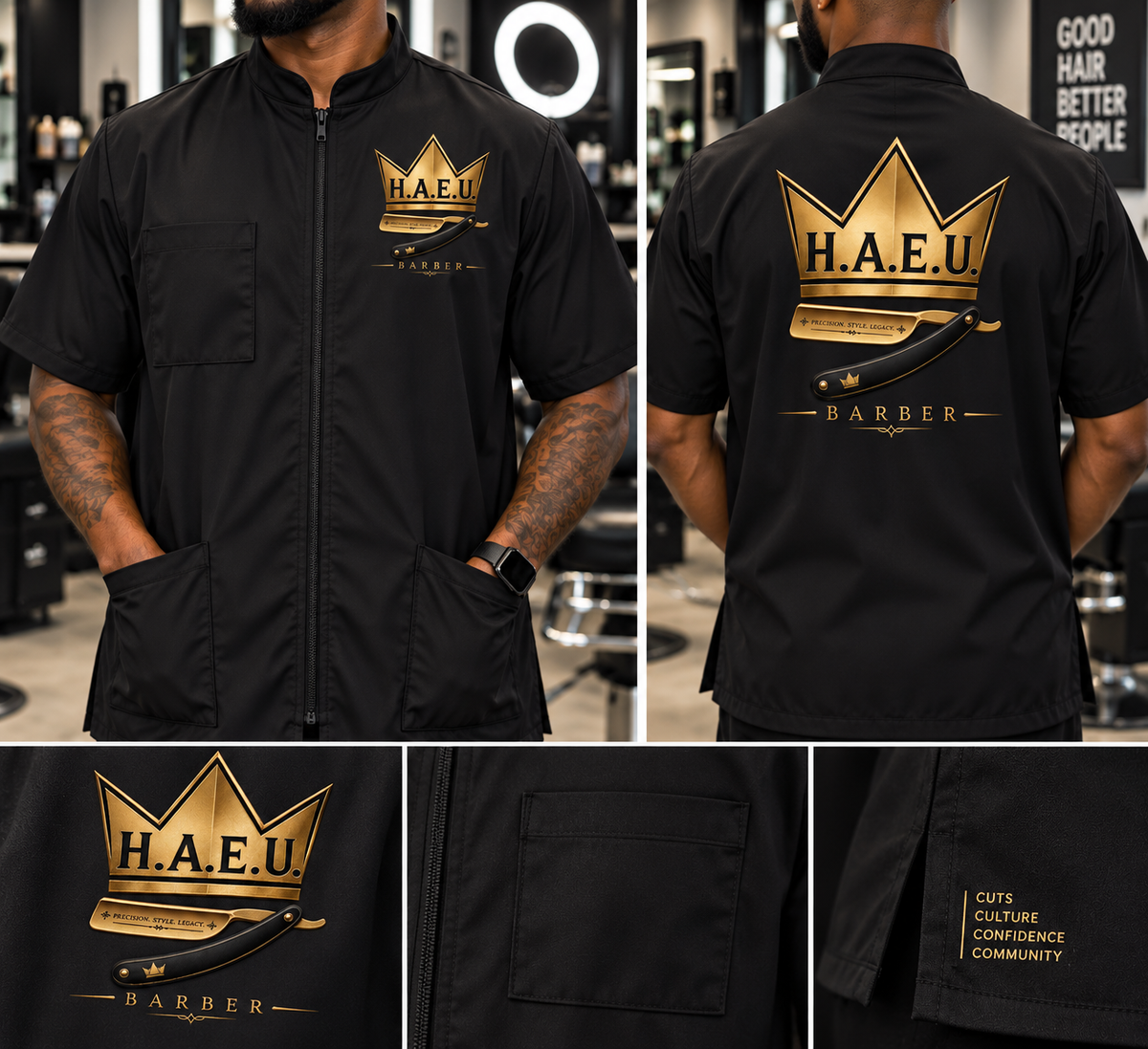 H.E.A.U. basic black barber smock