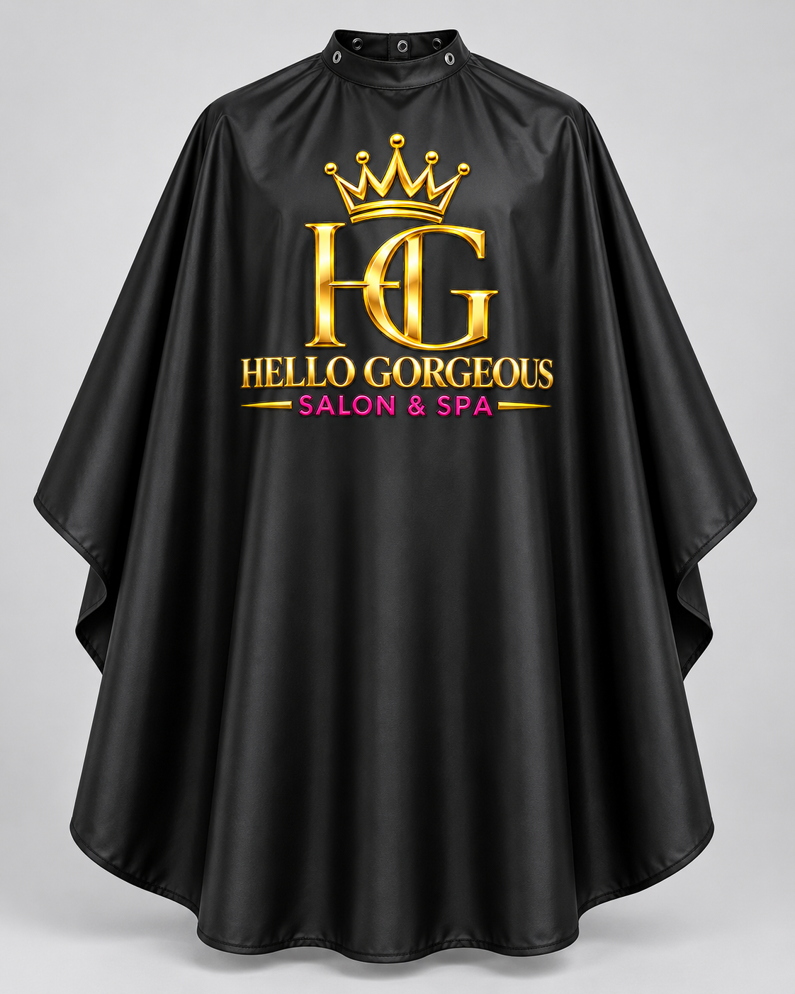 Black Hello Gorgeous Salon & Spa barber cape with gold and pink logo