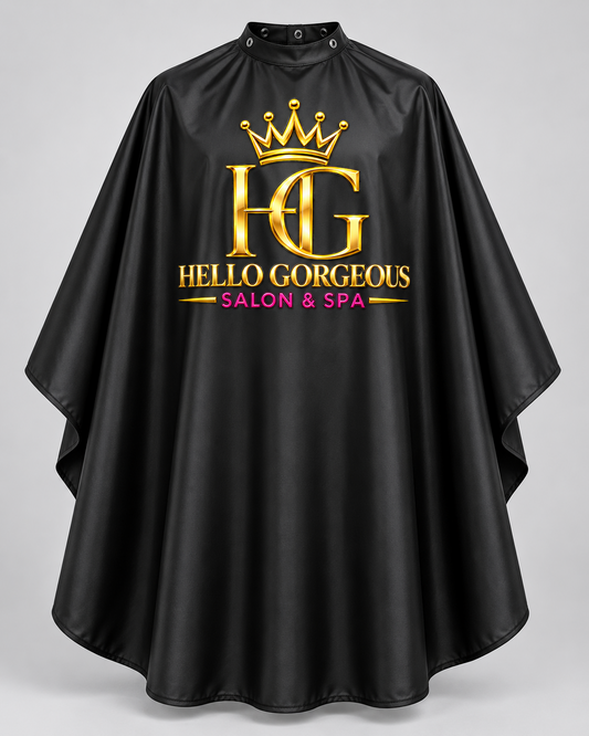 Black Hello Gorgeous Salon & Spa barber cape with gold and pink logo