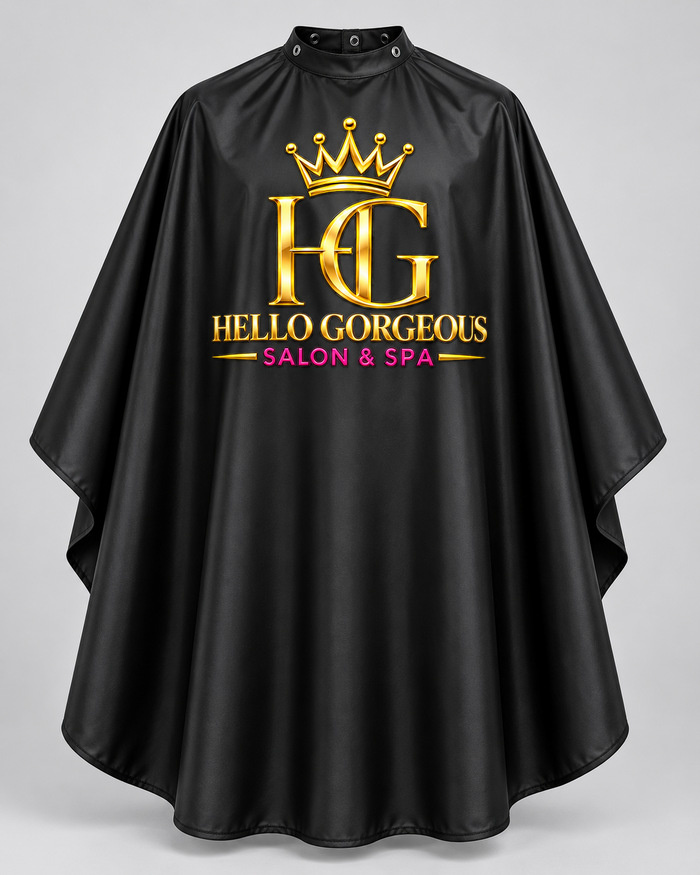 Black Hello Gorgeous Salon & Spa barber cape with gold and pink logo
