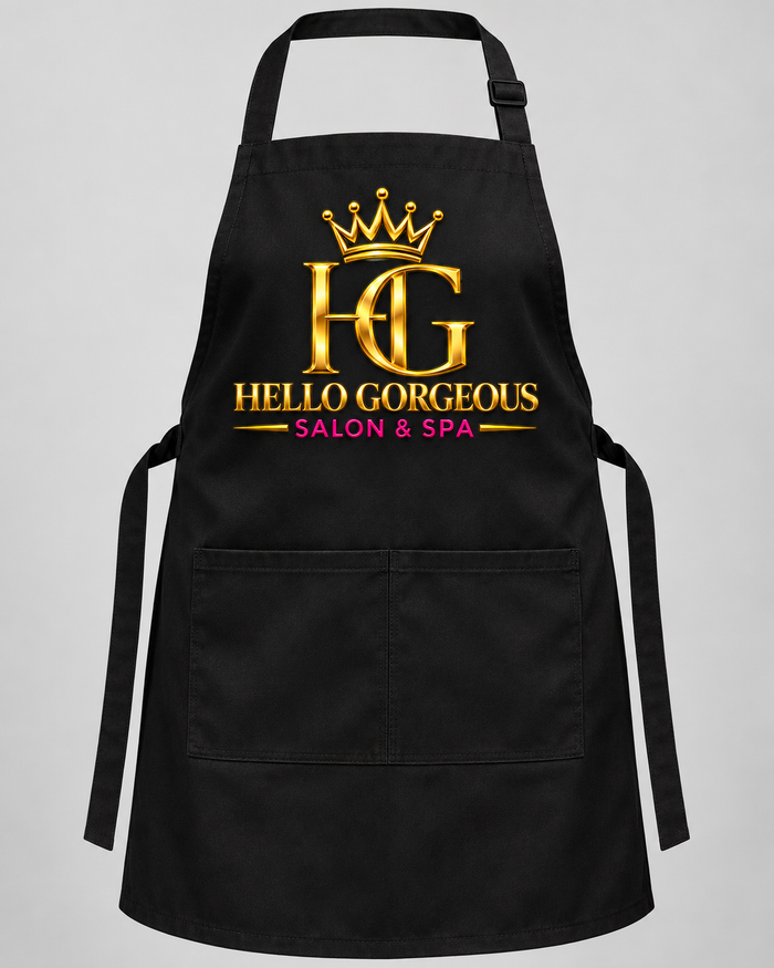 Hello Gorgeous Salon & Spa logo on black apron
