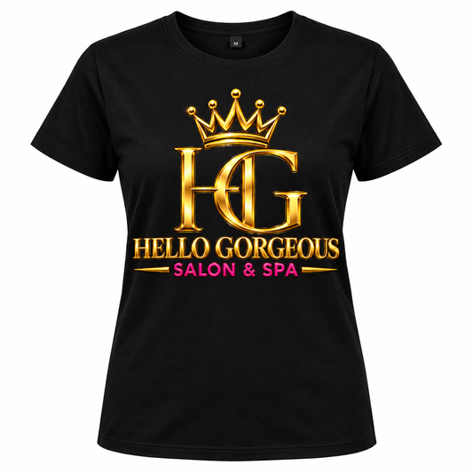 Hello Gorgeous Salon & Spa black T-shirt mockup