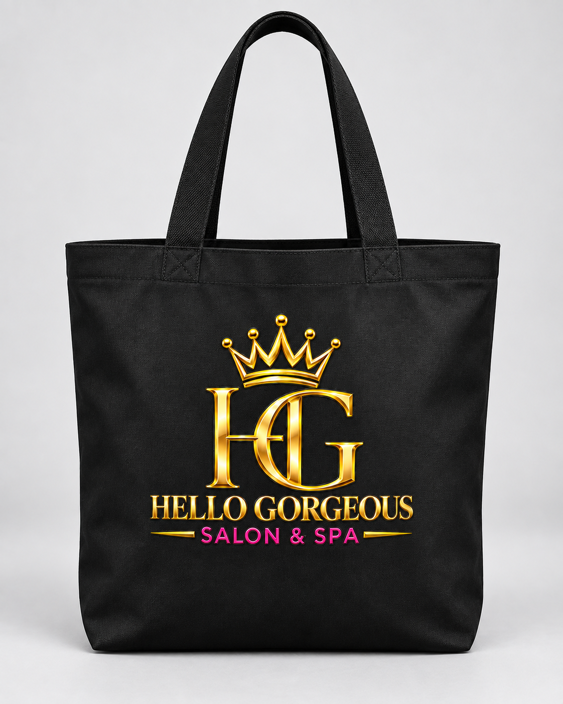 Black Hello Gorgeous Salon & Spa tote bag with gold and pink logo
