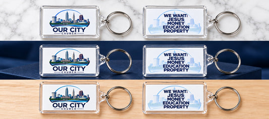 Our City Church acrylic keychains showing front and back designs