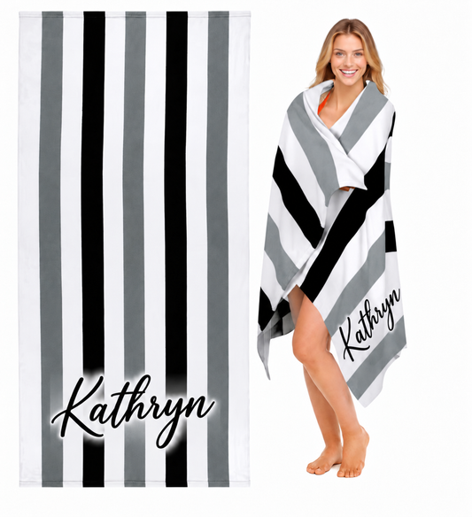 Personalized striped beach towel mockup with the name Kathryn