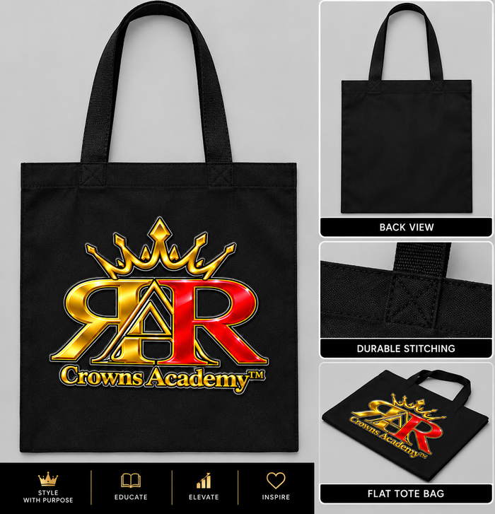 Flat black RAR Crown Academy tote bag with logo