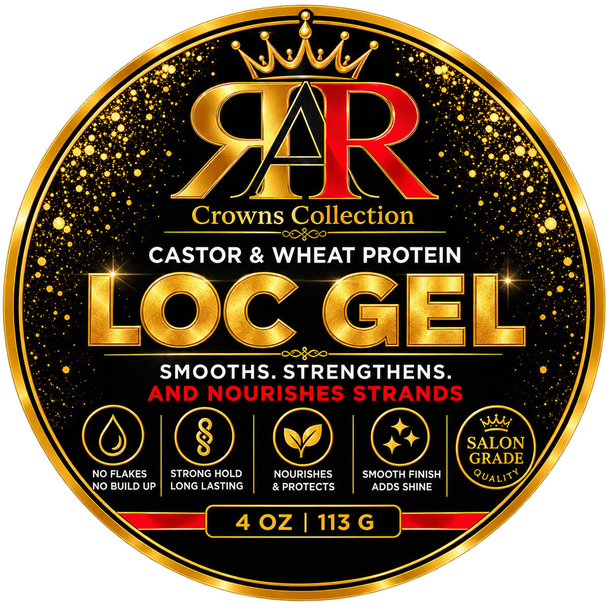 RAR Crowns Collection Castor and Wheat Protein LOC Gel 3-inch round label