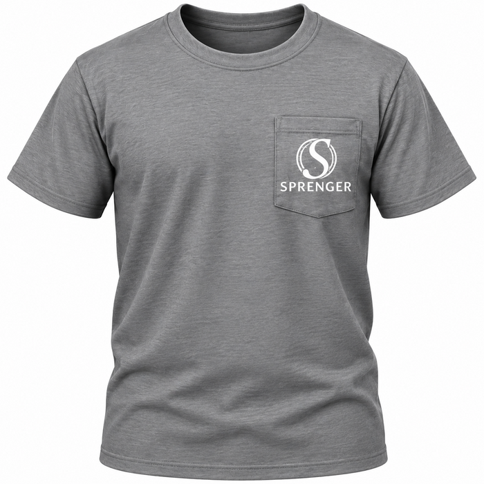 Gray Sprenger T-shirt front with pocket logo