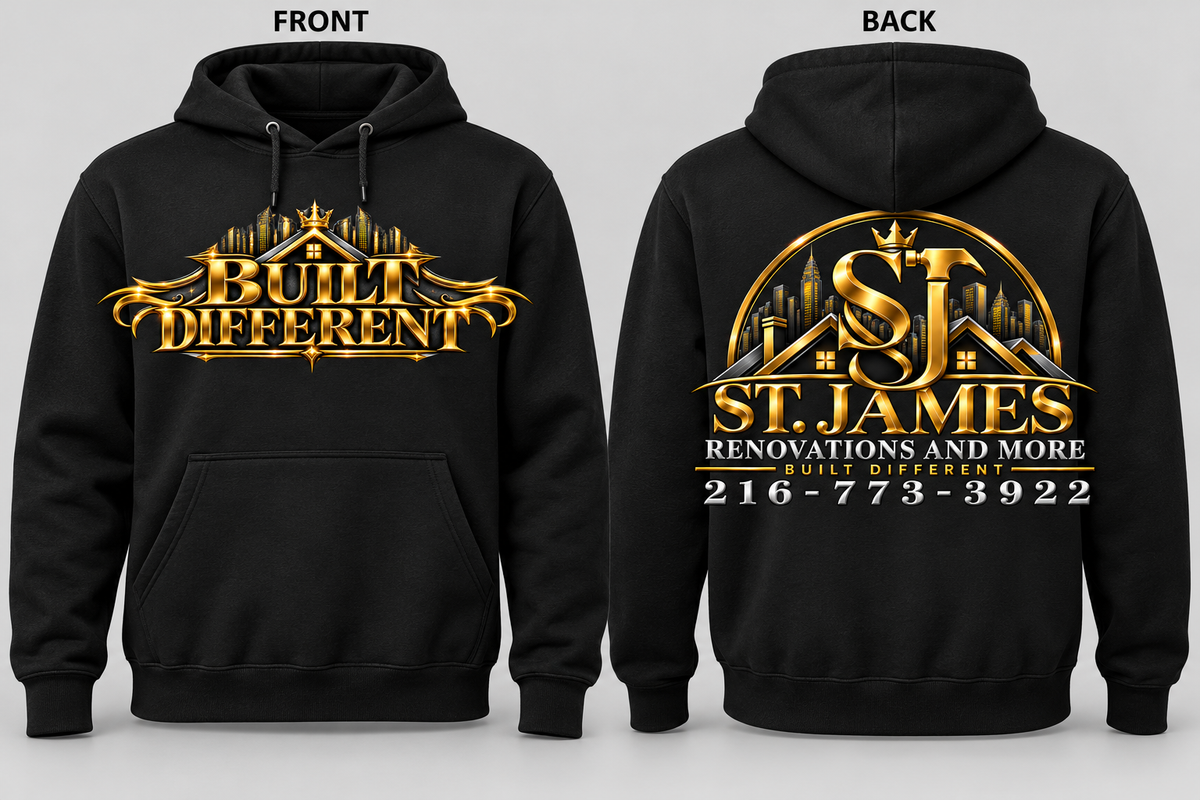 Front and back of the St. James Built Different black hoodie